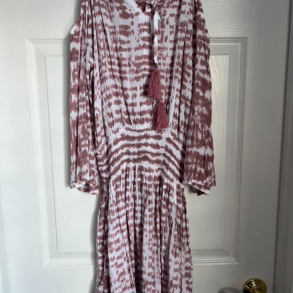 Tiare Hawaii Boho style mini dress featuring a pink and white tie-dye